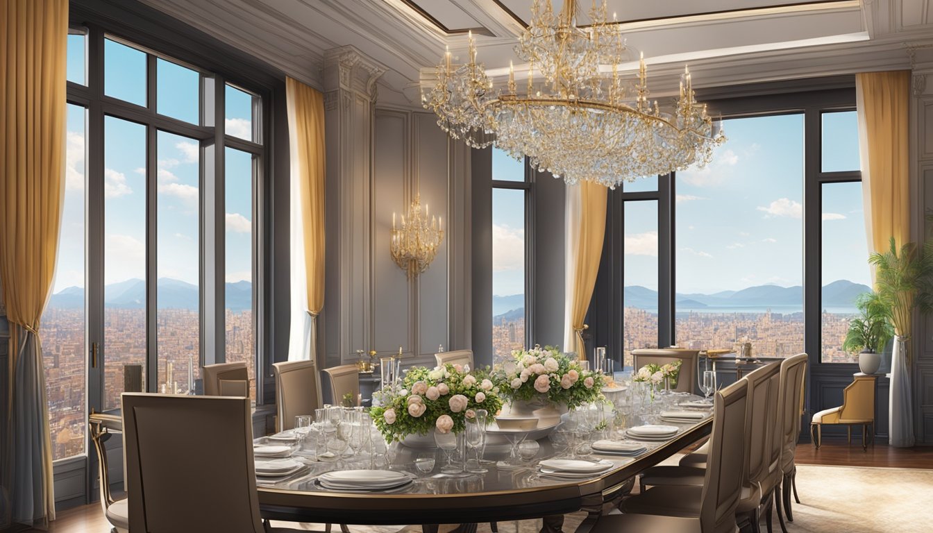 A grand, elegant dining room with panoramic city views, opulent decor, and a sophisticated ambiance