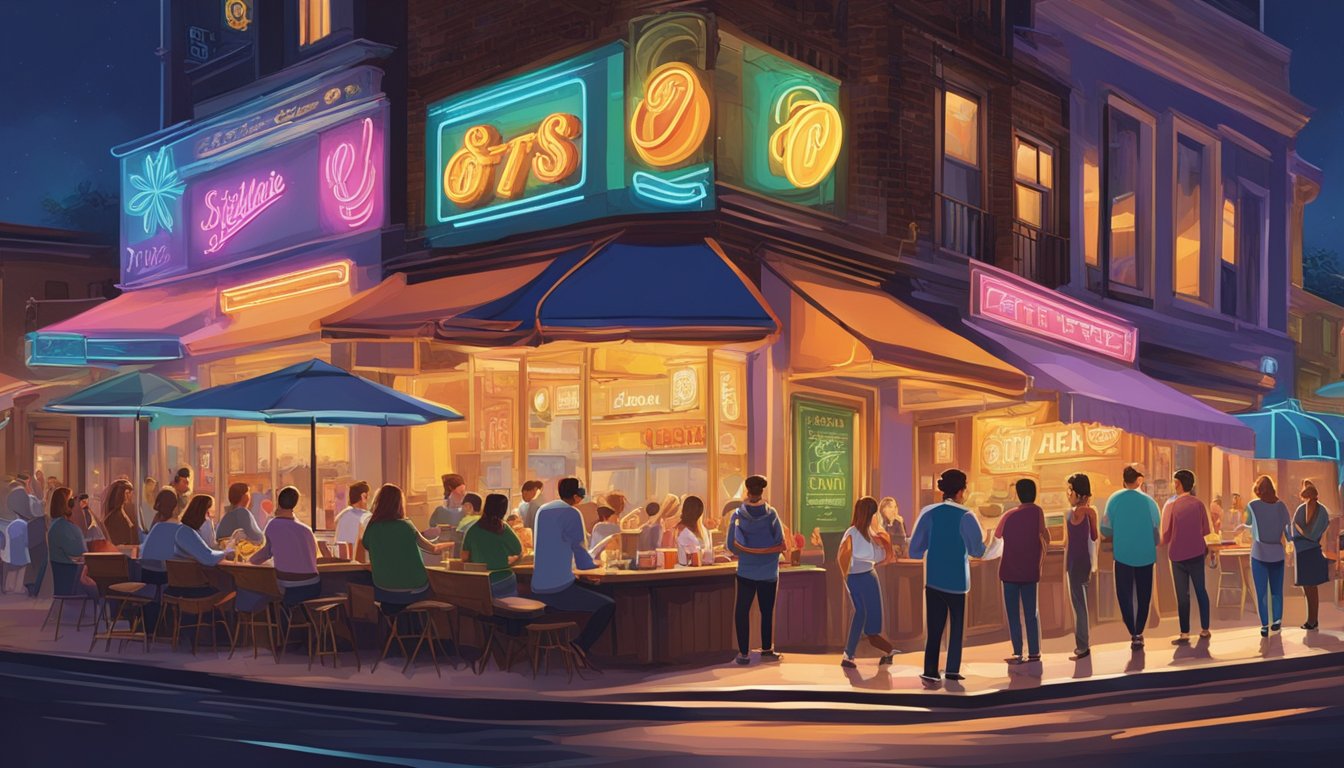 Colorful neon signs illuminate the bustling street lined with diverse restaurants and outdoor dining. The aroma of sizzling dishes fills the air as patrons chat and laughter fills the atmosphere
