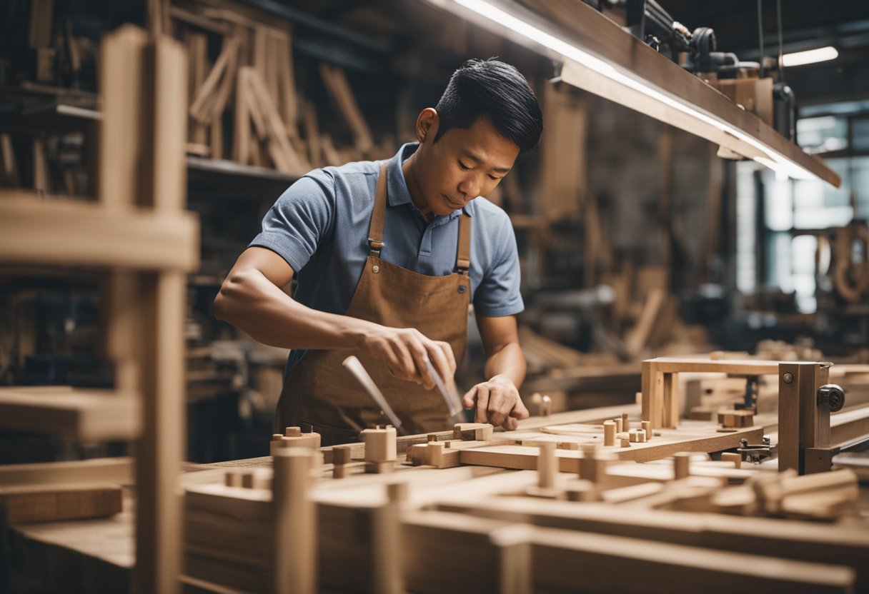 A bustling carpenter's workshop in Singapore, with workers crafting intricate wooden pieces and the sound of buzzing machinery
