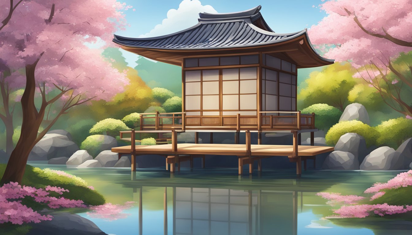 A serene Japanese garden with a traditional wooden teahouse, surrounded by vibrant cherry blossom trees and a tranquil pond