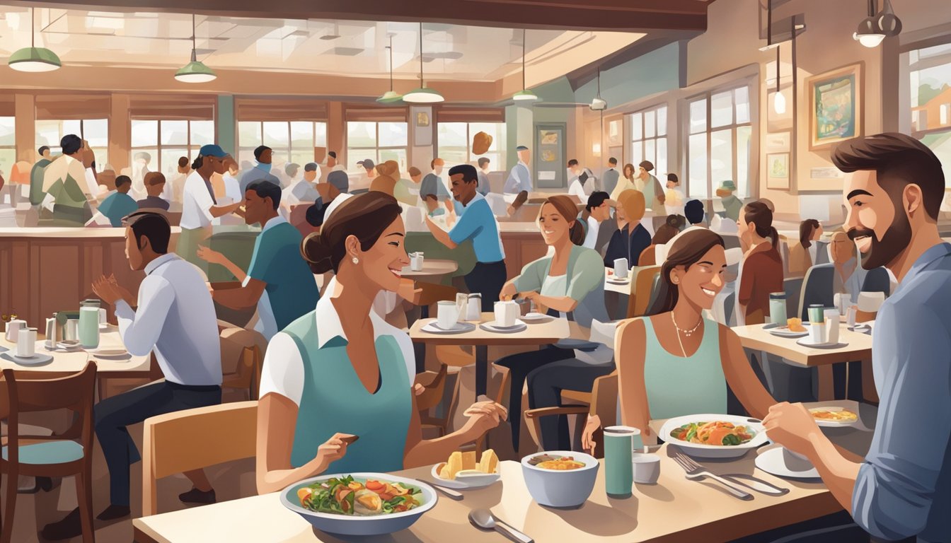 Customers enjoy a meal at a bustling restaurant, with steaming plates of food and waitstaff moving swiftly between tables