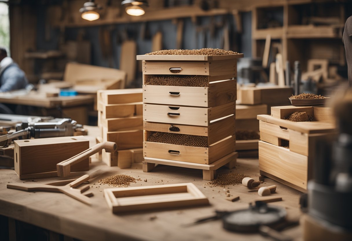 A bustling workshop with tools and materials scattered around as a carpenter meticulously constructs a wooden beehive