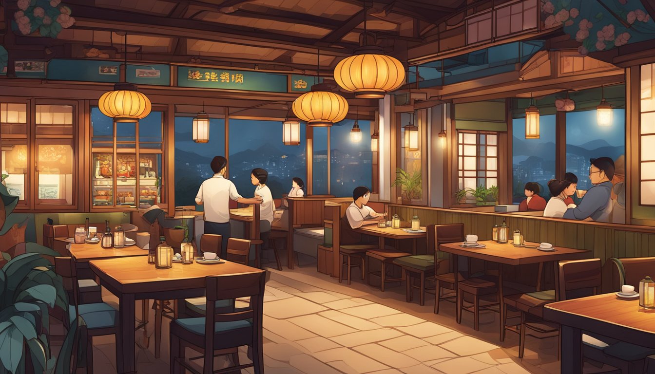 Customers entering Restoran Ka Hoe, greeted by warm lighting and traditional Korean decor. The aroma of sizzling meats and spicy kimchi fills the air
