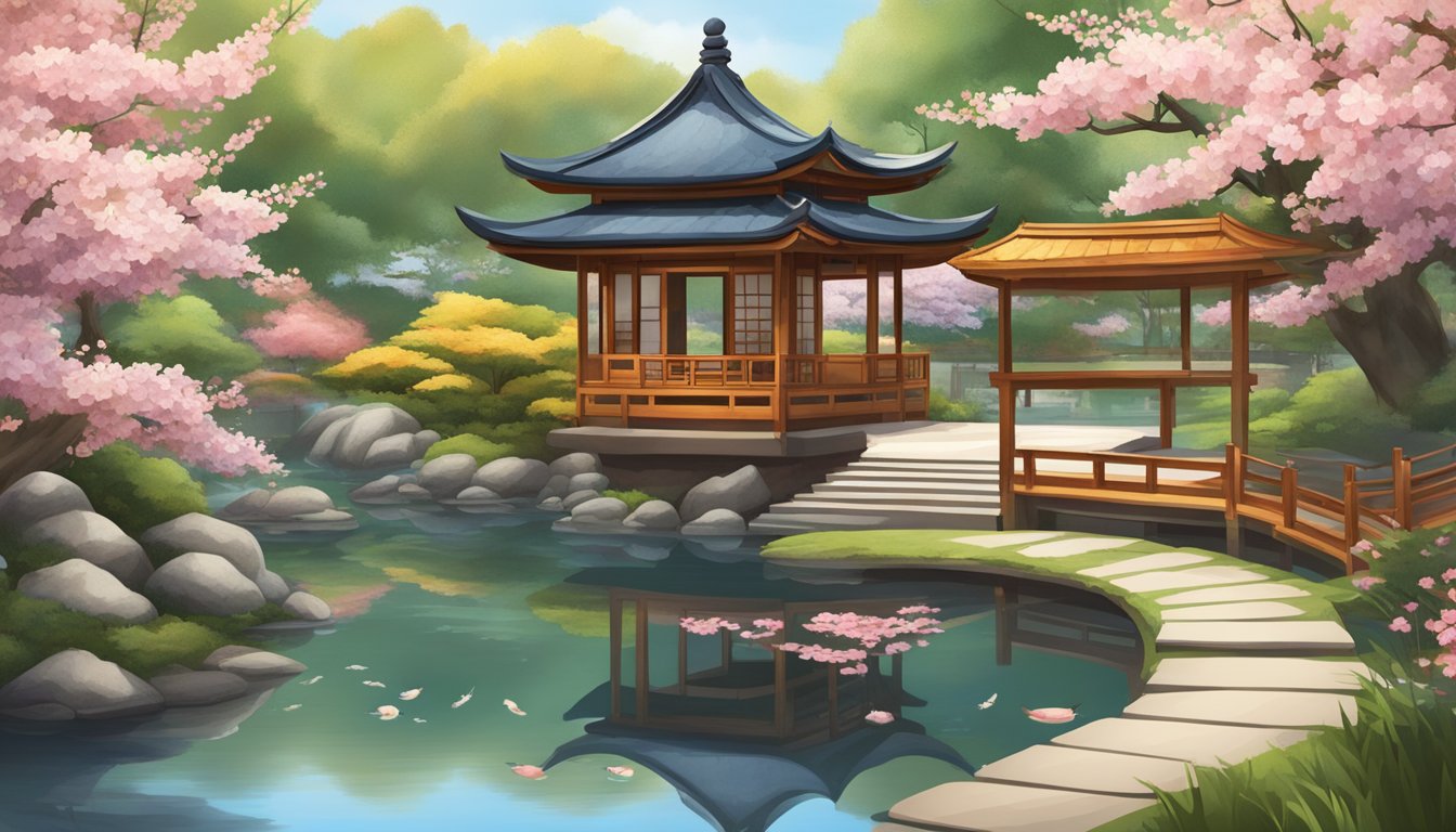 A serene Japanese garden with a traditional wooden teahouse nestled among blooming cherry blossoms, with a tranquil pond reflecting the vibrant colors of koi fish