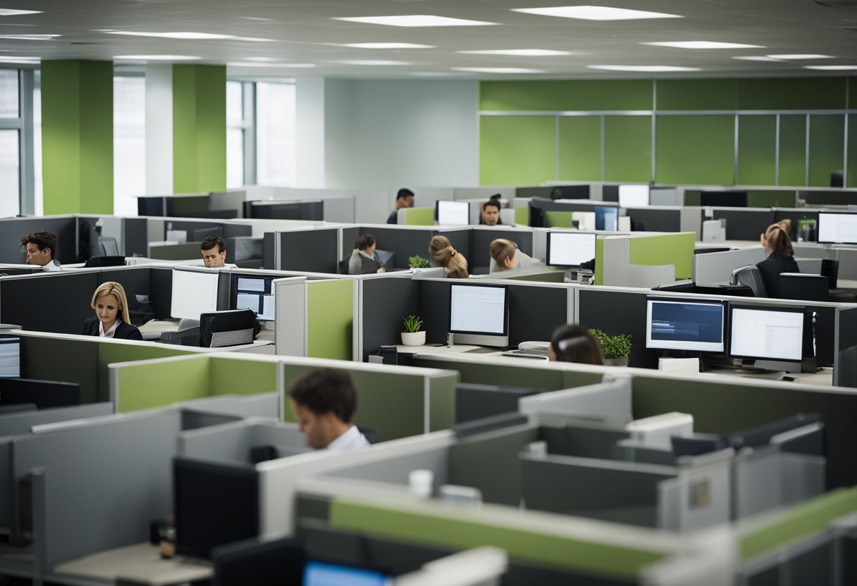Employees sit in cramped, dimly lit cubicles. Noise from open-plan layout disrupts concentration. Lack of natural light and greenery contributes to low morale