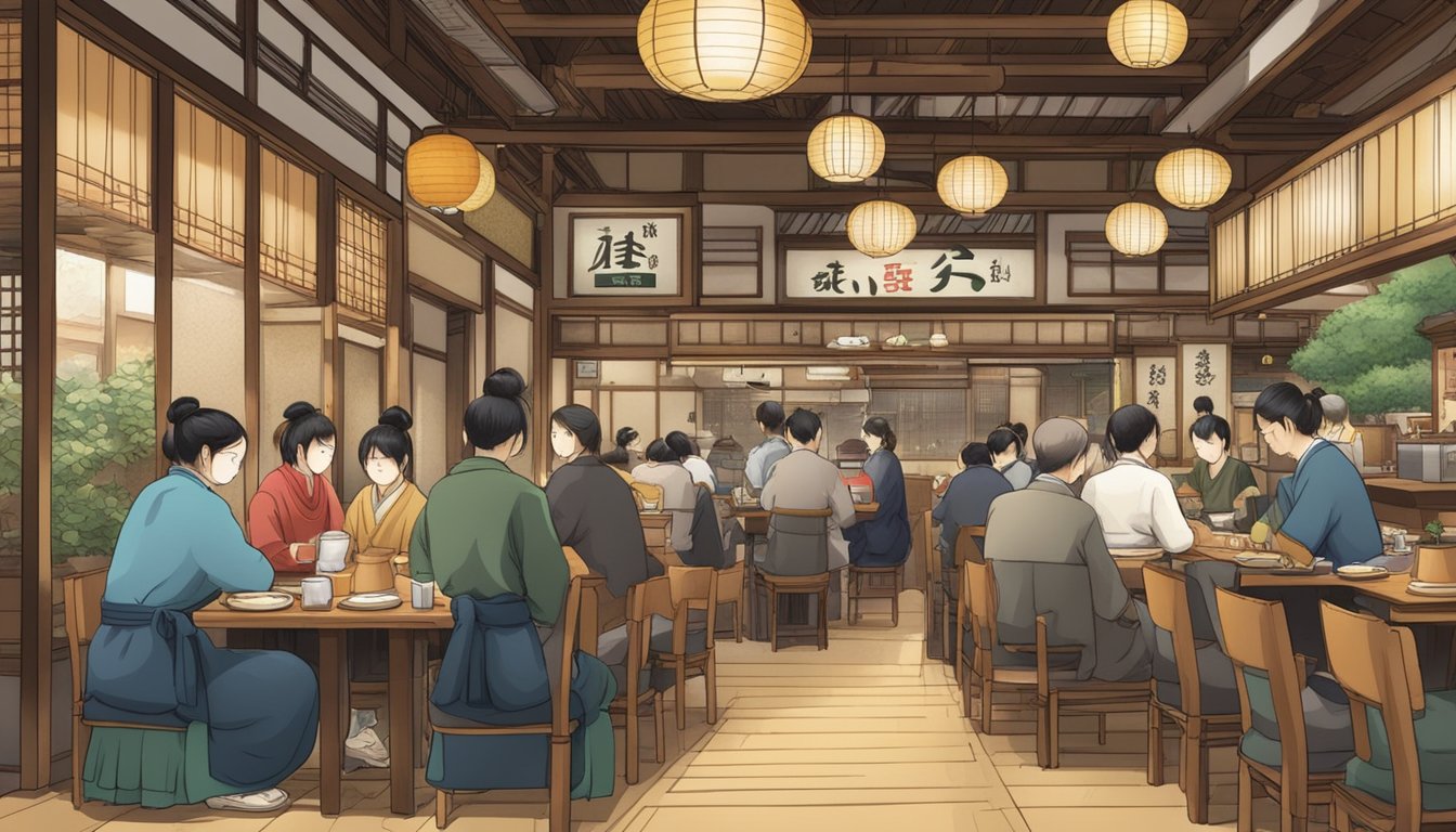 A bustling Japanese restaurant with a sign reading "Frequently Asked Questions yuzutei" and traditional decor