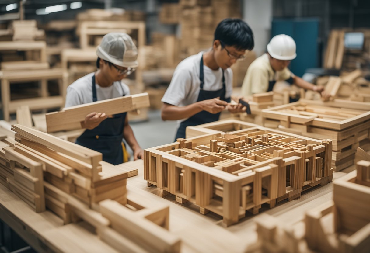 The bustling hive of Carpenter Singapore, with workers diligently crafting and assembling furniture, surrounded by stacks of wood and tools
