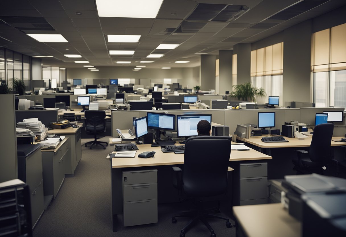 Employees navigate cluttered desks and cramped spaces in a dimly lit office. Poorly placed furniture and lack of natural light hinder productivity