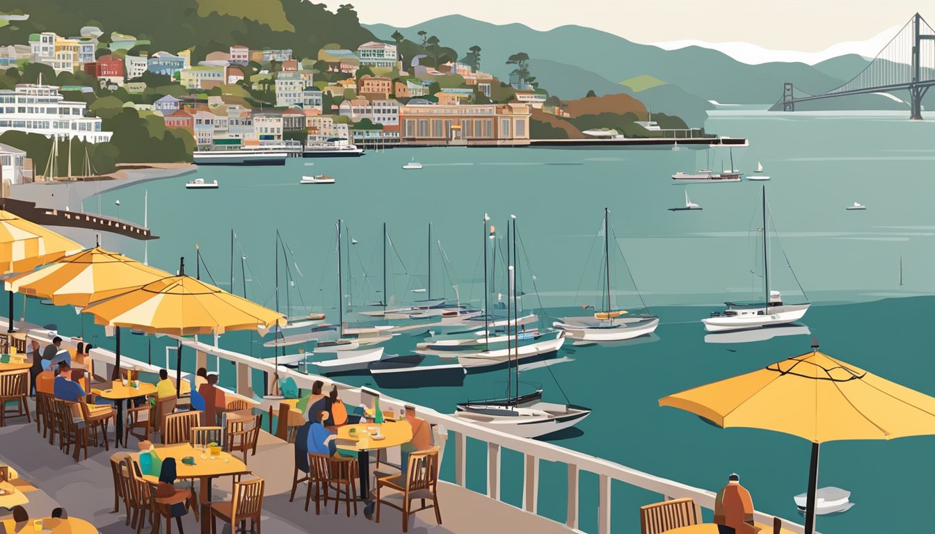 Colorful sausalito restaurants line the waterfront, with outdoor seating and umbrellas. Boats bob in the harbor, and the Golden Gate Bridge looms in the distance