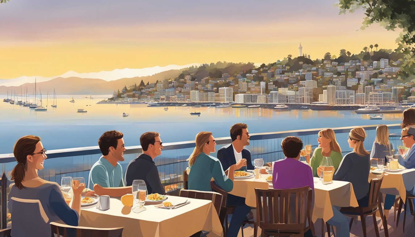 People enjoying a variety of dishes at outdoor waterfront restaurants in Sausalito, with a view of the bay and city skyline in the background