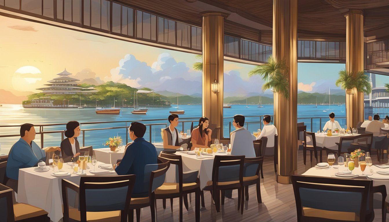 The Puteri Harbour restaurant bustles with diners enjoying waterfront views and delicious cuisine. The elegant architecture and vibrant atmosphere create a picturesque scene
