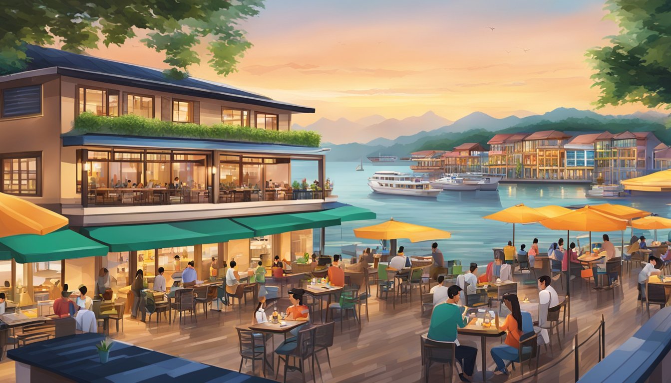 A bustling waterfront scene with colorful restaurants, outdoor seating, and waterfront views at Puteri Harbour