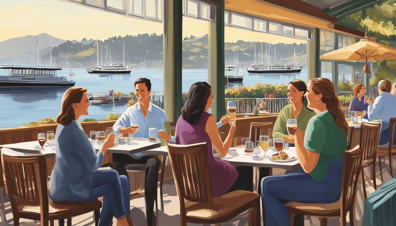 Diners enjoy waterfront views at Sausalito restaurants, savoring gourmet dishes and fine wines