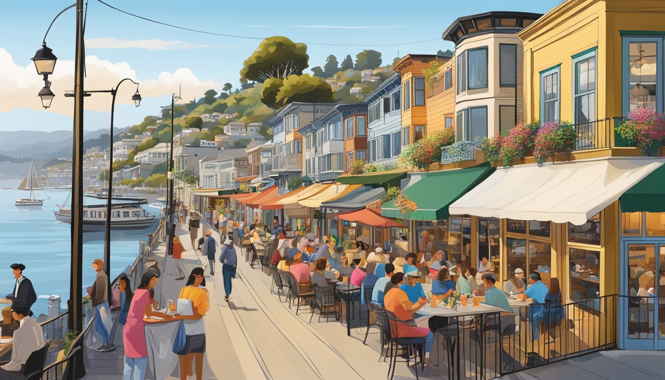 A bustling street lined with colorful Sausalito restaurants, with diners enjoying al fresco dining and waterfront views