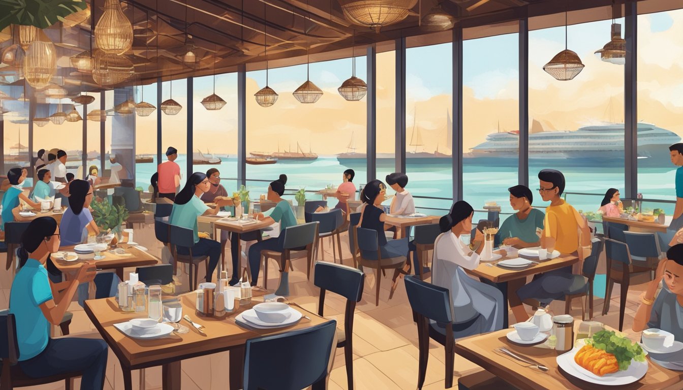 The bustling restaurant at Puteri Harbour is filled with diners enjoying their meals, while staff members move swiftly to attend to their needs. The aroma of delicious food fills the air, and the vibrant decor creates a lively atmosphere