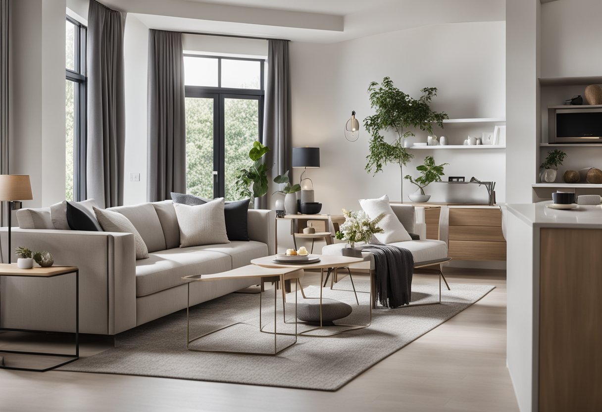 A bright, modern living room with sleek furniture and a neutral color scheme. The kitchen features clean lines and minimalist design. The bedroom is cozy with warm lighting and a comfortable bed. A spacious bathroom with contemporary fixtures completes the scene