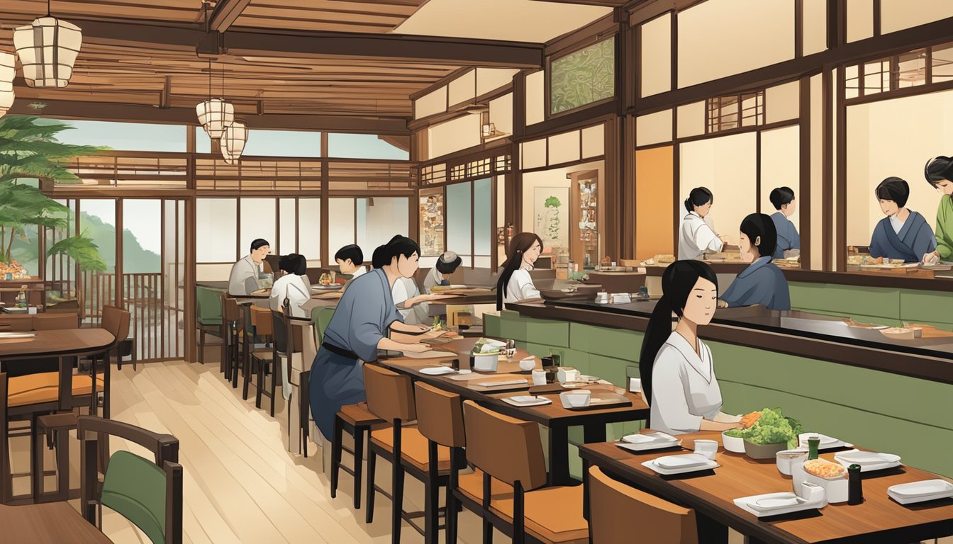 The bustling Mitasu Japanese restaurant with traditional decor and a sushi bar. Customers enjoy fresh sashimi and hot dishes