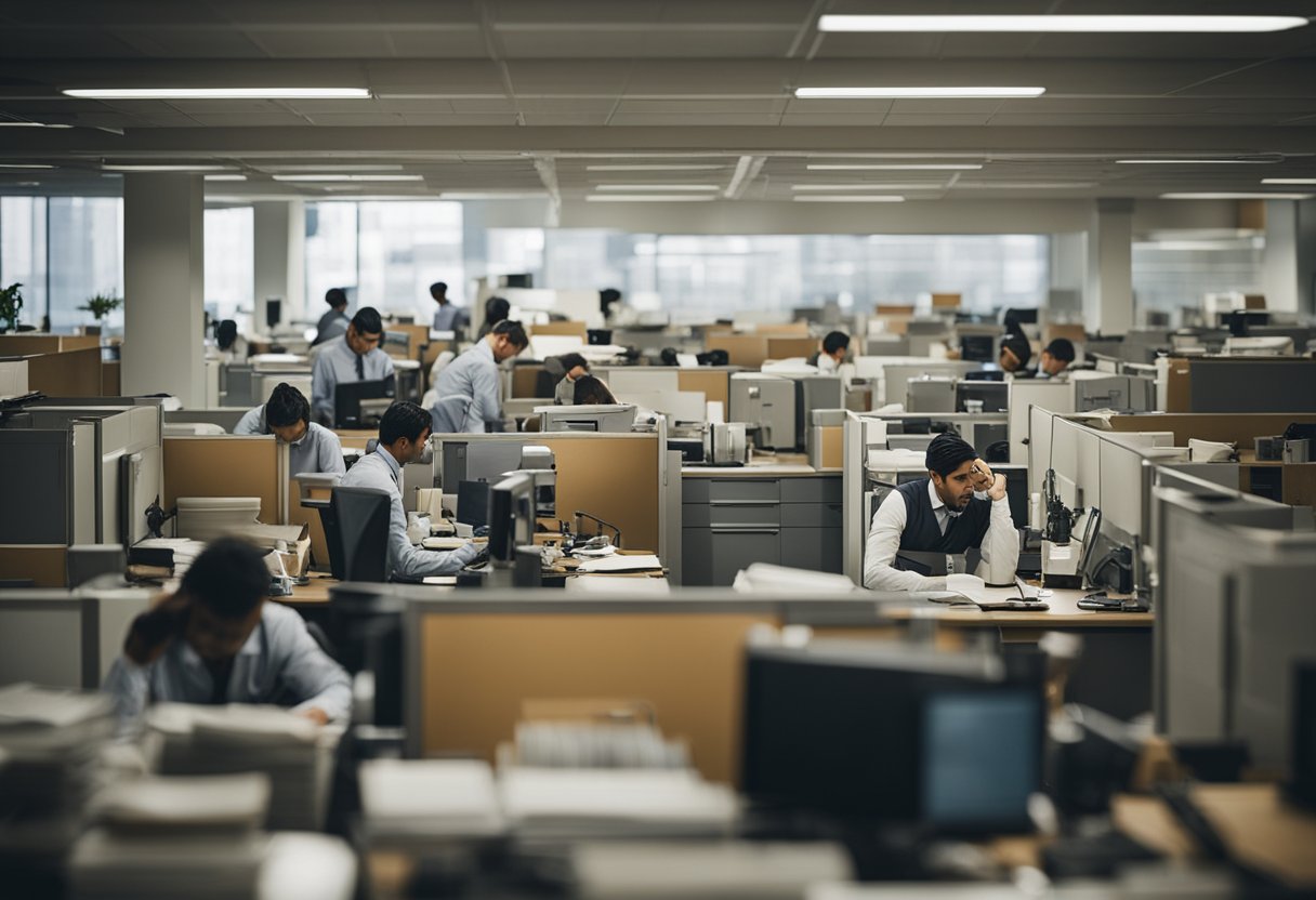 Employees struggle in cramped, cluttered workspaces. Harsh lighting and noisy surroundings contribute to a stressful atmosphere