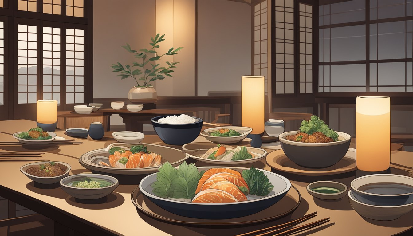 A table set with traditional Japanese dishes and elegant tableware at Mitasu Japanese restaurant. Warm lighting and serene ambiance create a cozy dining experience