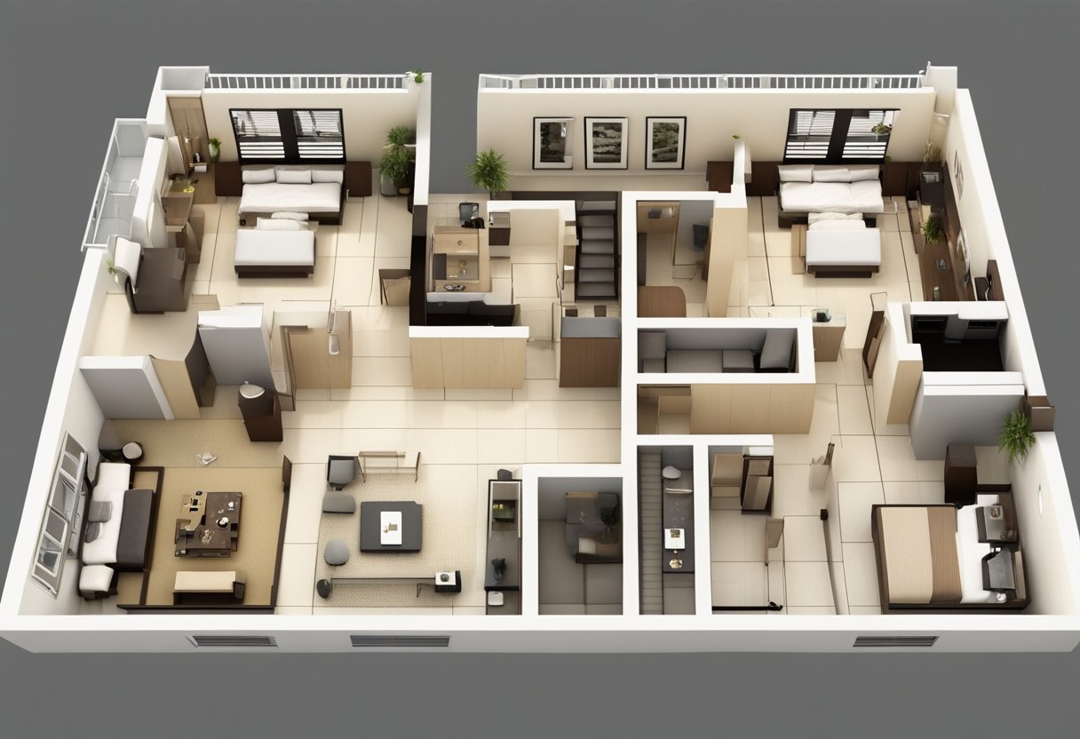 A floor plan of a 4-room BTO flat with measurements and furniture layout for renovation