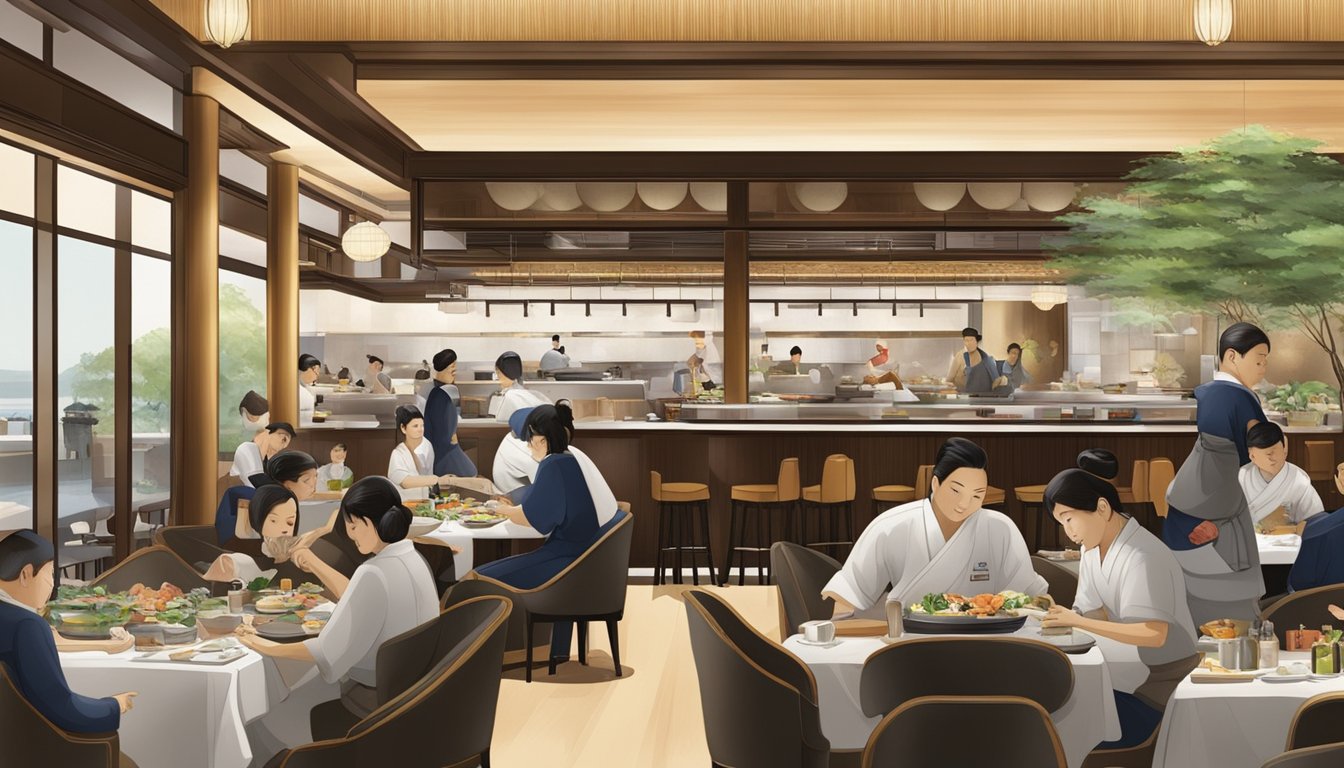 The bustling Nobu restaurant, filled with elegant décor and diners enjoying their meals, as the skilled chefs prepare exquisite sushi and sashimi dishes behind the counter