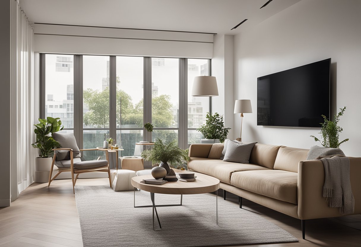 A modern 4-room BTO renovation cost scene with sleek furniture, neutral color palette, and ample natural light streaming in through large windows