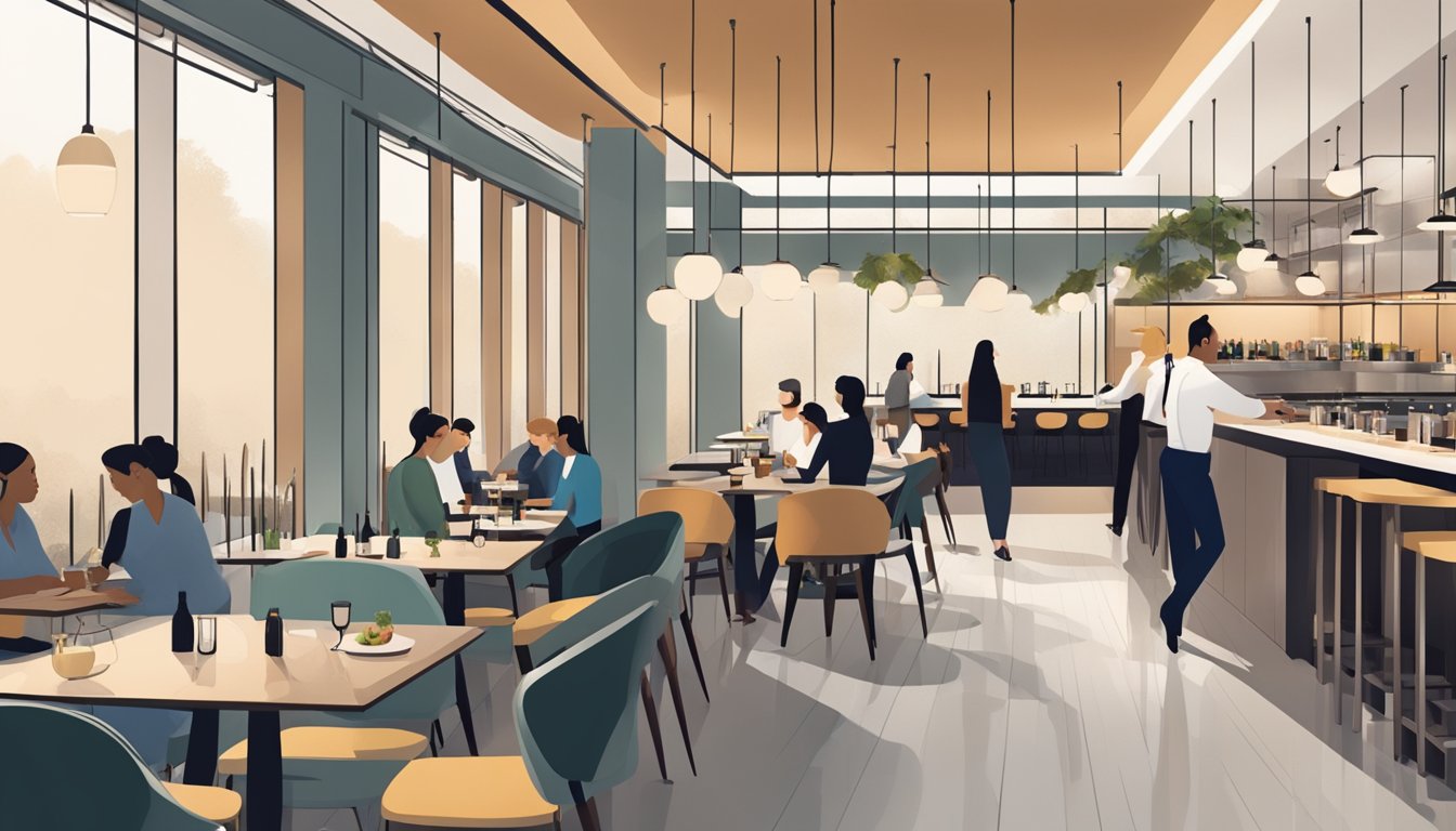 A bustling restaurant with a modern, minimalist design. Customers sit at sleek tables while servers move gracefully through the space. The atmosphere is sophisticated yet relaxed