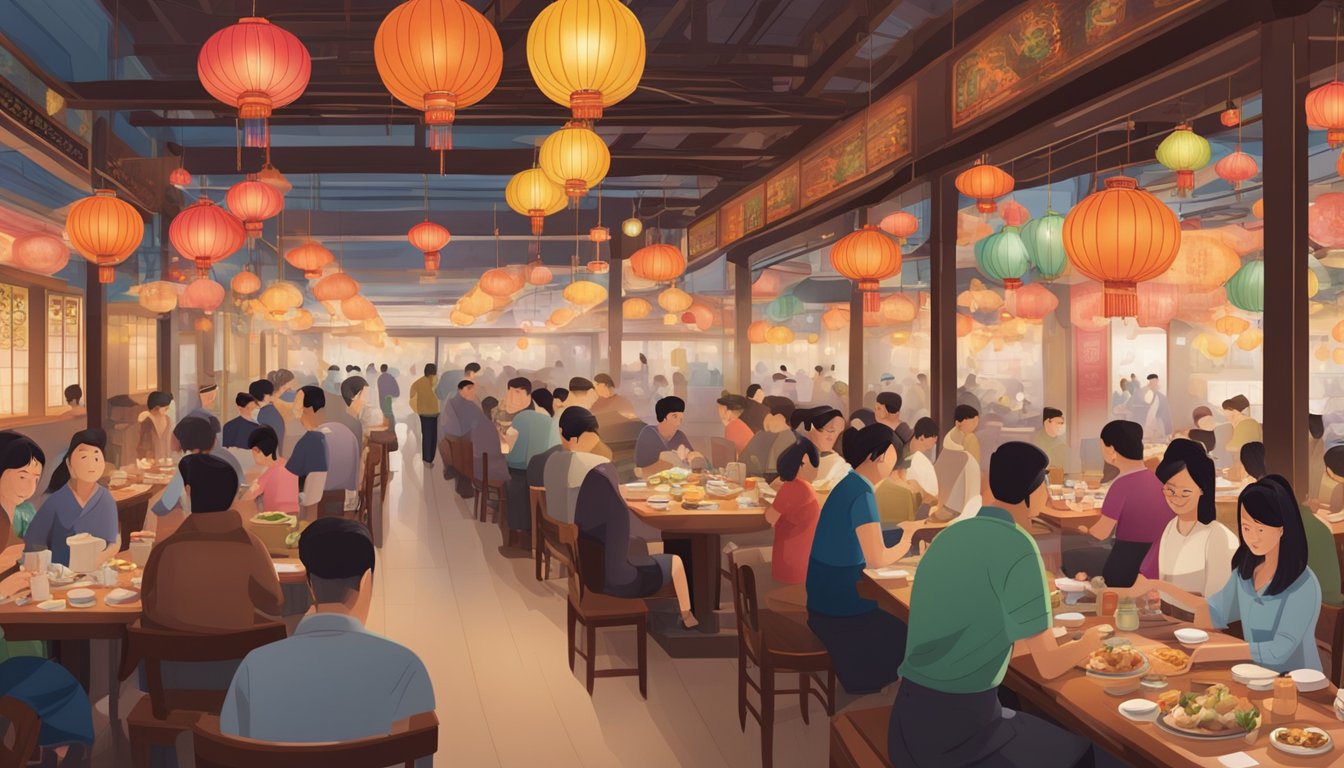 A bustling siu siu restaurant with steaming dim sum carts and colorful lanterns hanging from the ceiling. Tables are filled with diners enjoying traditional Chinese cuisine