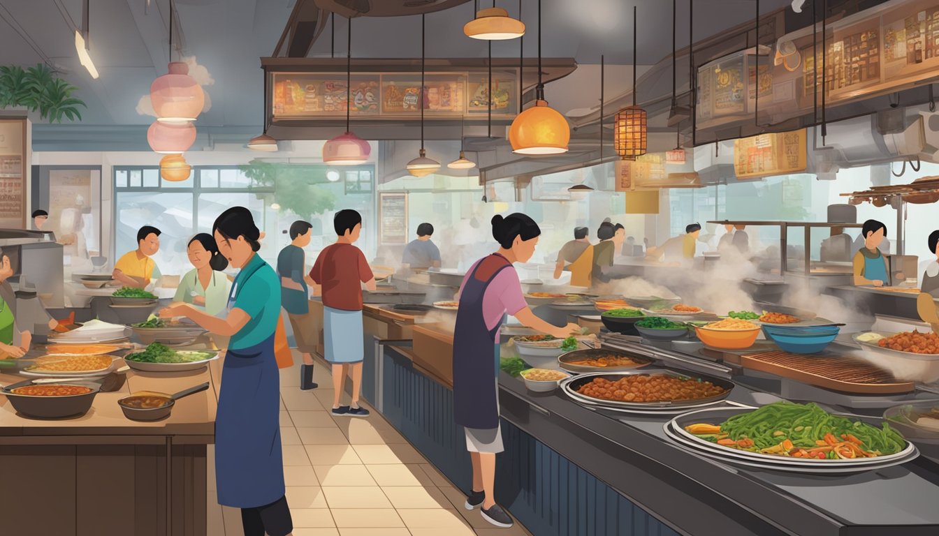 A bustling Tai Seng restaurant with steaming woks, sizzling grills, and colorful ingredients lining the counters. Customers eagerly await their orders at the bustling counter