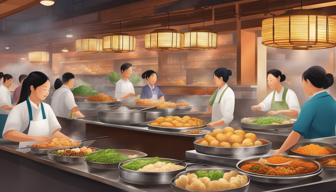 A bustling siu siu restaurant with steaming dim sum carts, sizzling woks, and vibrant food displays. The air is filled with the aroma of spices and the sound of sizzling and chopping
