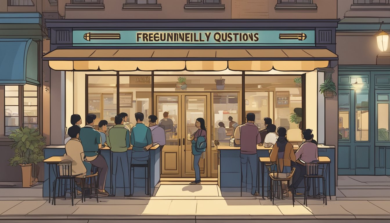 Customers line up at the entrance of Siu Siu restaurant, reading a sign that says "Frequently Asked Questions." Tables and chairs are visible through the window