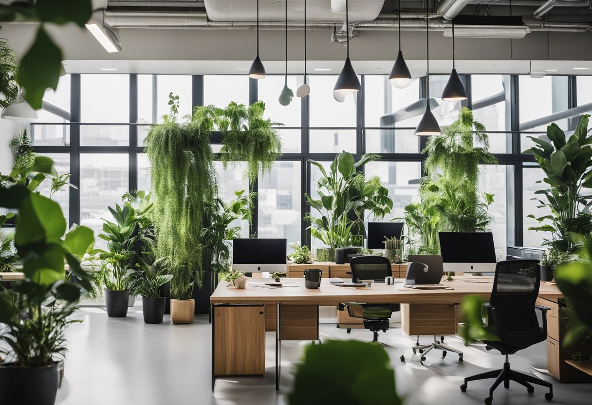 A modern, open-concept office with natural light, green plants, and collaborative workspaces. Sleek furniture, motivational quotes, and a vibrant color scheme create an inspiring and productive environment