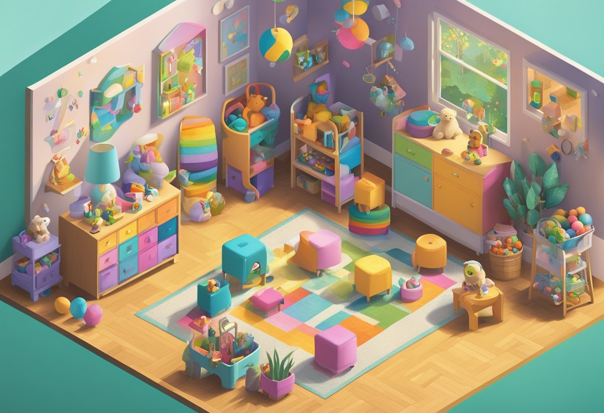 A chaotic nursery filled with colorful toys and whimsical decor, with a sign reading "More Name Ideas" in bold, playful lettering