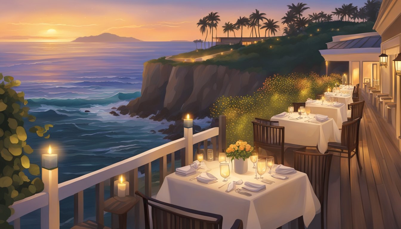 The ocean green restaurant is nestled on a cliff overlooking the crashing waves. The sun sets behind the horizon, casting a warm glow on the outdoor patio. Tables are adorned with white linens and flickering candles, creating a serene ambiance