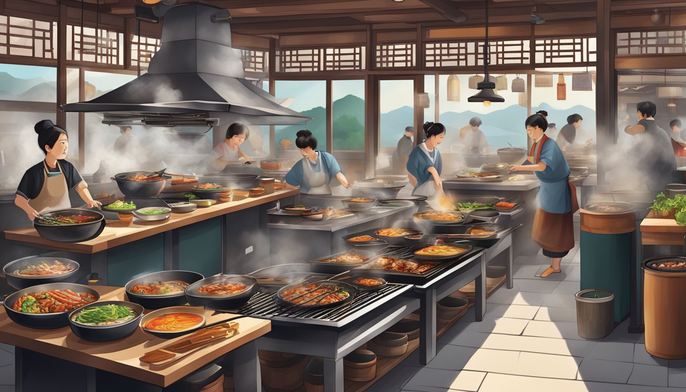 A bustling Korean restaurant with traditional decor, steaming pots of bubbling stews, and sizzling barbecue grills