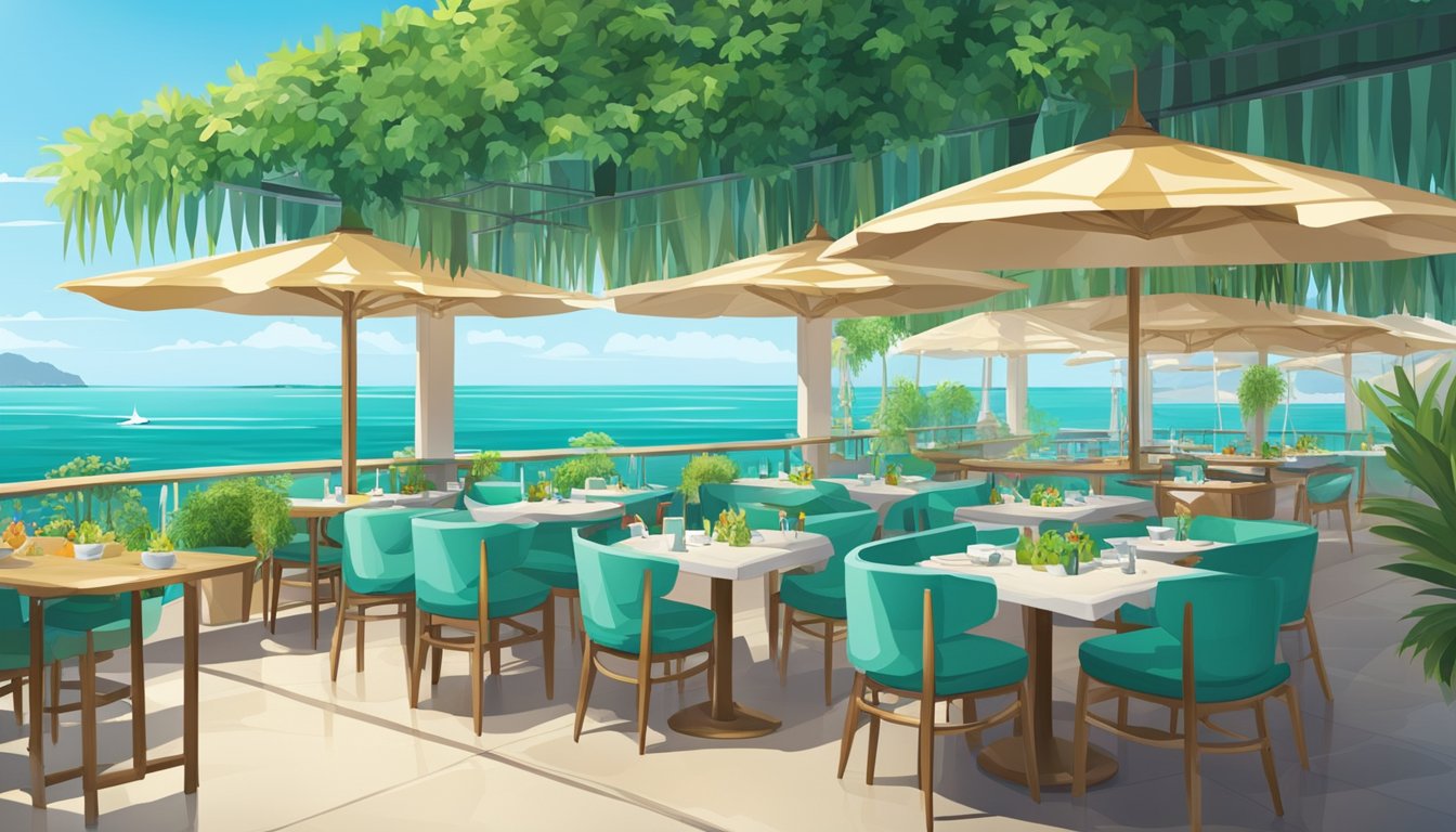 A seaside restaurant with ocean green decor, overlooking the water with tables set for dining and a vibrant display of fresh cuisine