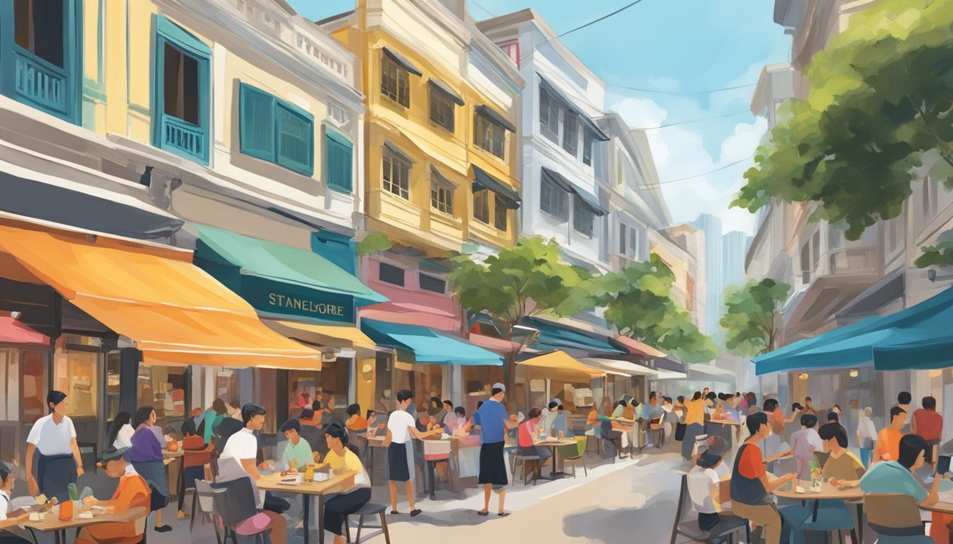 A bustling street lined with vibrant restaurants and bustling with activity, capturing the vibrant energy of Singapore's dining scene on Stanley Street