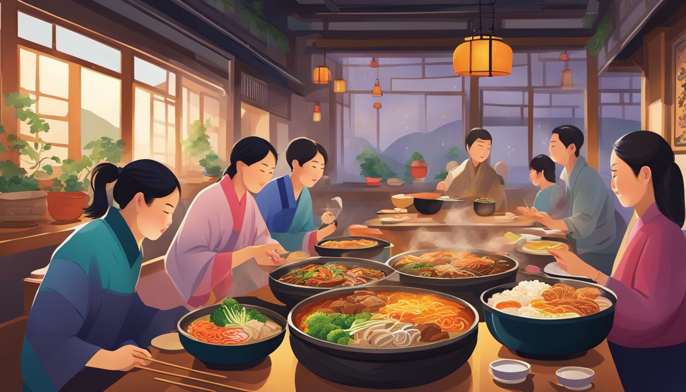 Customers enjoying traditional Korean dishes in a cozy restaurant adorned with vibrant colors and traditional decor. Aromatic steam rises from sizzling plates, filling the air with mouthwatering scents