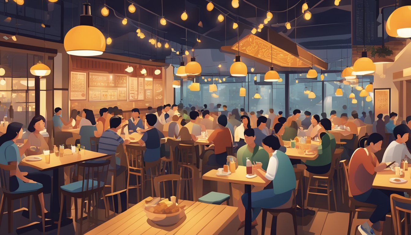 A bustling restaurant with a sign reading "Frequently Asked Questions" in Tai Seng. Customers dine and chat amidst the warm glow of hanging lights and the aroma of sizzling food