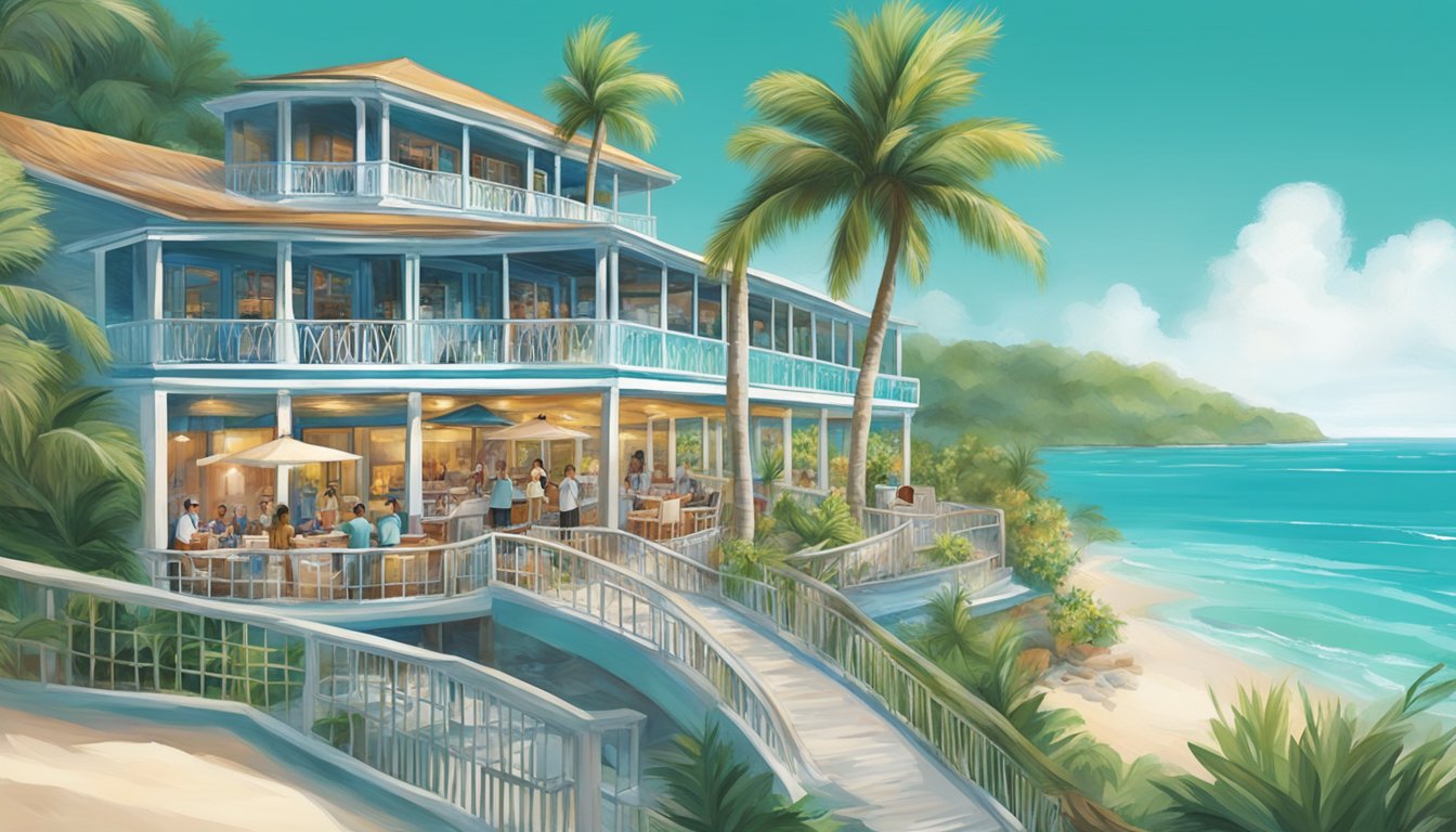 The ocean green restaurant is nestled on a cliff overlooking the crystal-clear waters. Palm trees sway in the gentle breeze as diners enjoy fresh seafood and tropical cocktails