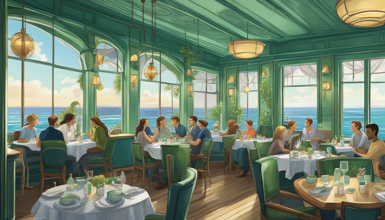 A bustling ocean-themed restaurant with green accents, filled with diners chatting and enjoying their meals. The walls are adorned with nautical decor and large windows offer a view of the ocean