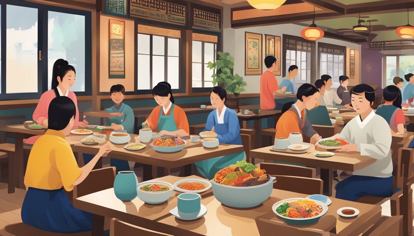 Customers seated at tables, chatting and enjoying traditional Korean dishes. Waitstaff bustling about, delivering steaming hot plates of food. Decor features colorful Korean artwork and traditional music plays softly in the background