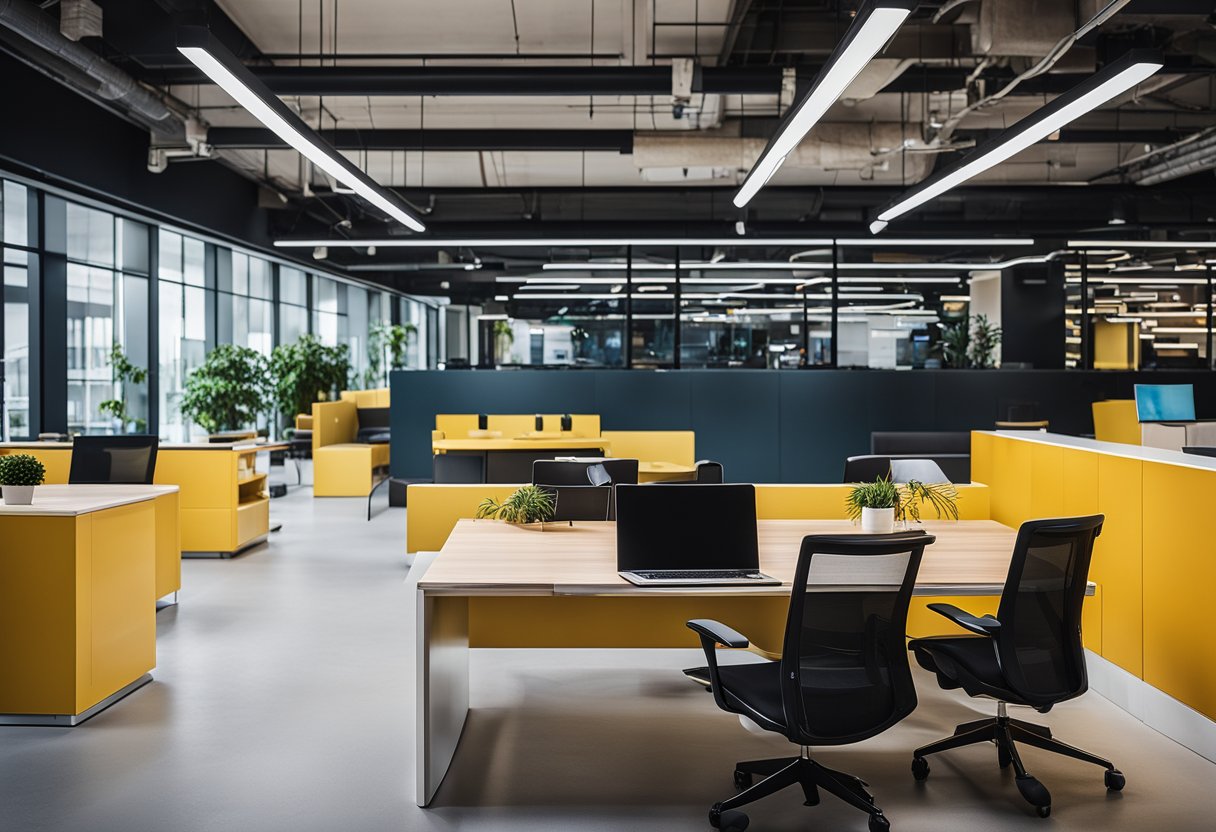 A modern, open-concept office space with vibrant colors and unique furniture, showcasing the company's innovative and creative identity