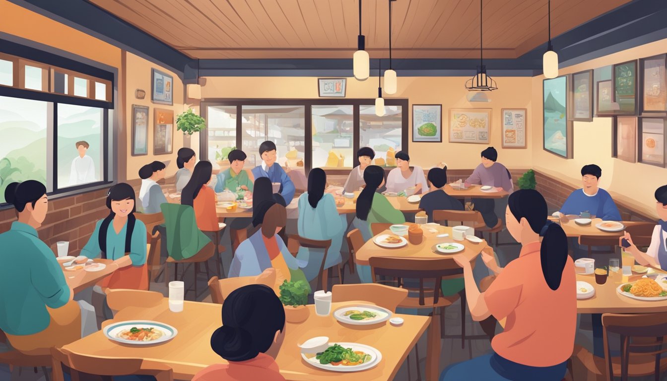 A bustling Korean restaurant with colorful decor, steaming dishes, and a friendly atmosphere. Customers chat and laugh while enjoying traditional Korean cuisine