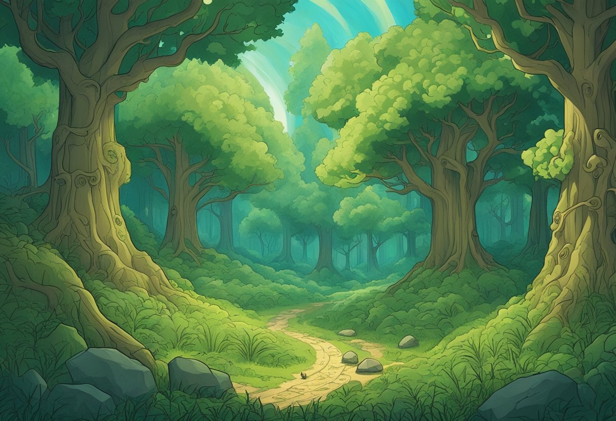 A lush forest clearing with ancient runes and a magical aura, where mythical creatures roam freely, inspired by "Lord of the Rings" baby names