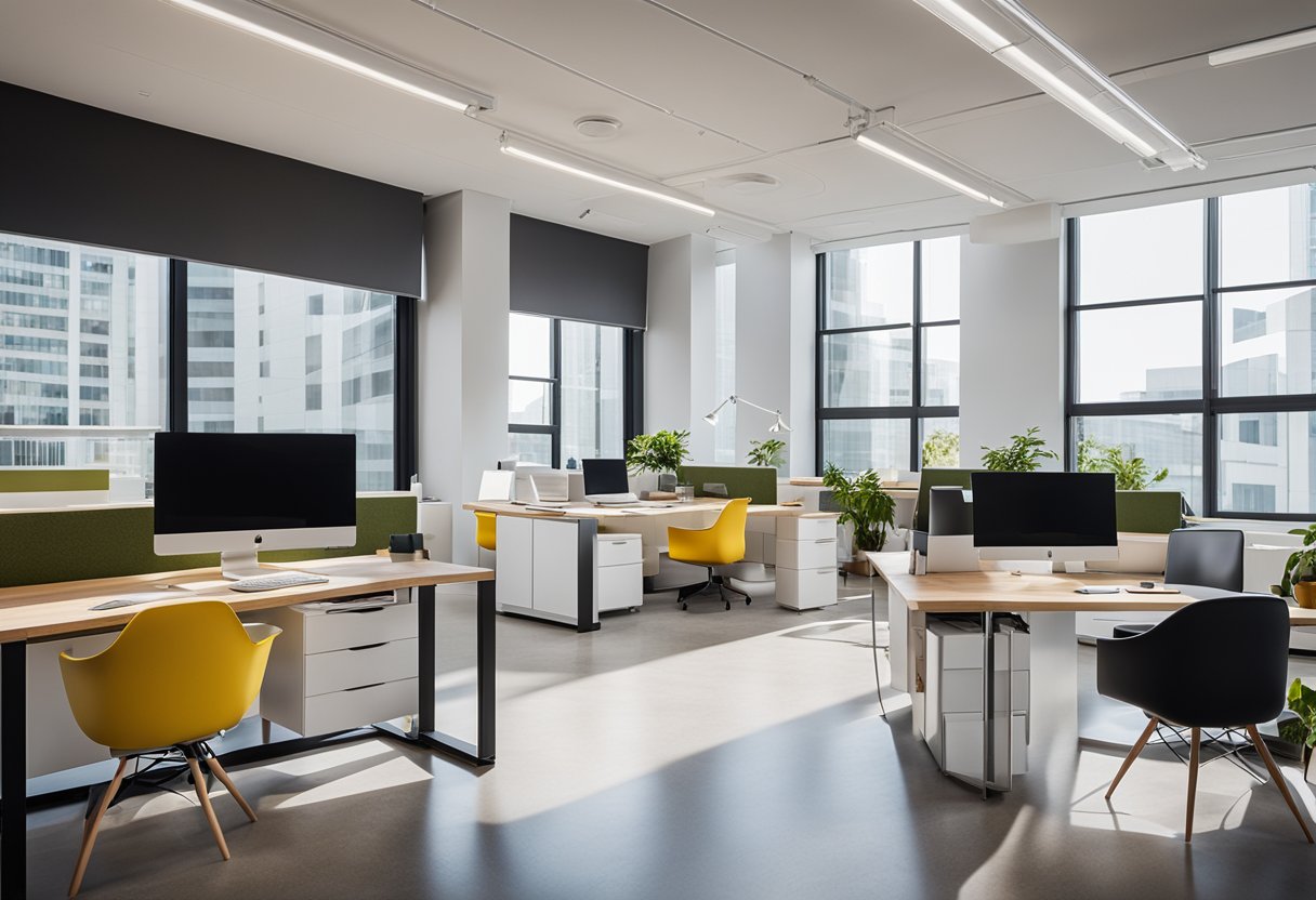 A bright, open office space with modern furniture, collaborative work areas, and vibrant pops of color. A mix of natural and artificial light creates a lively and inviting atmosphere