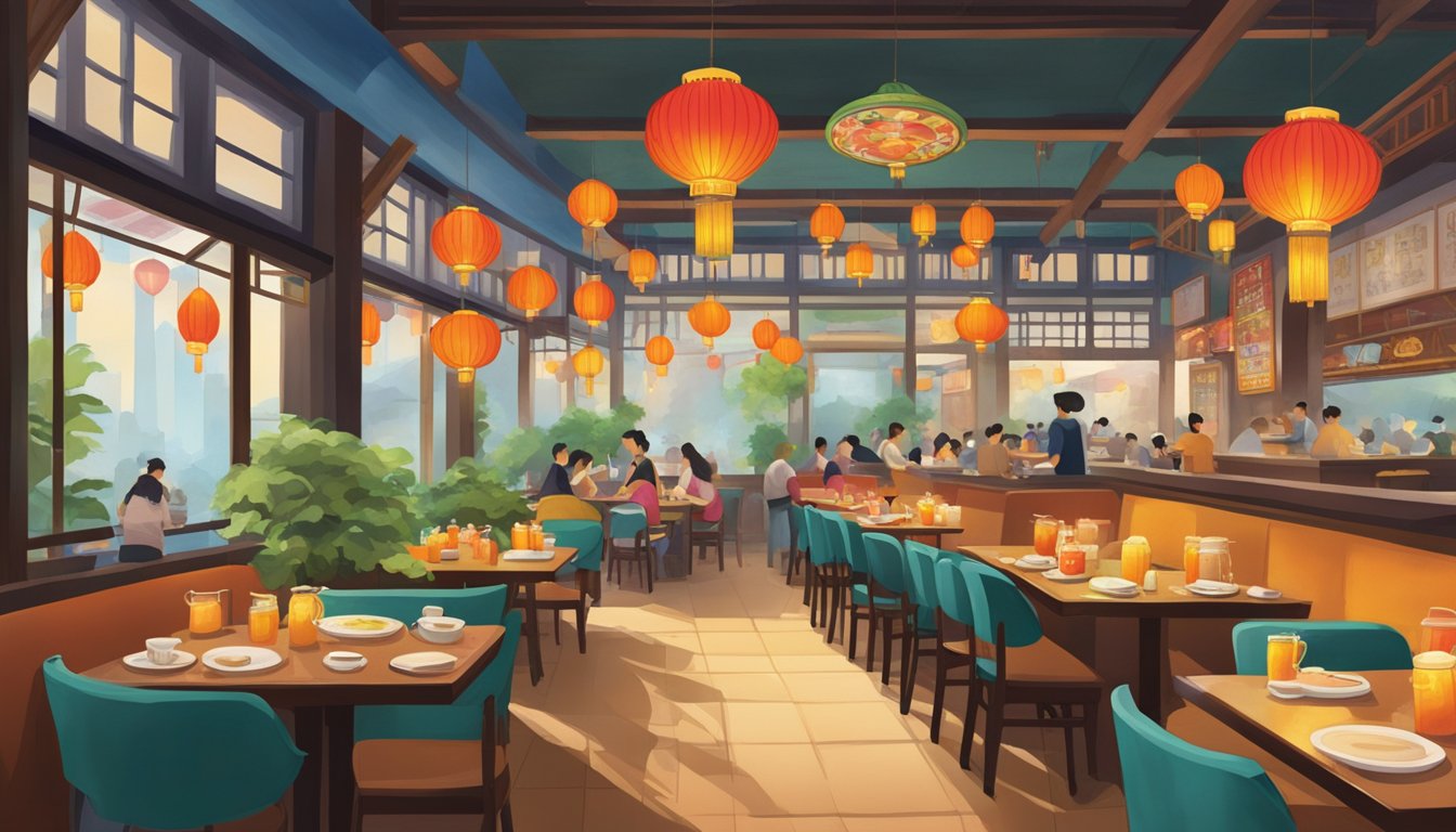 The bustling Tiong Wah Restaurant, with its colorful lanterns and tables filled with steaming dishes, exudes a lively and inviting atmosphere