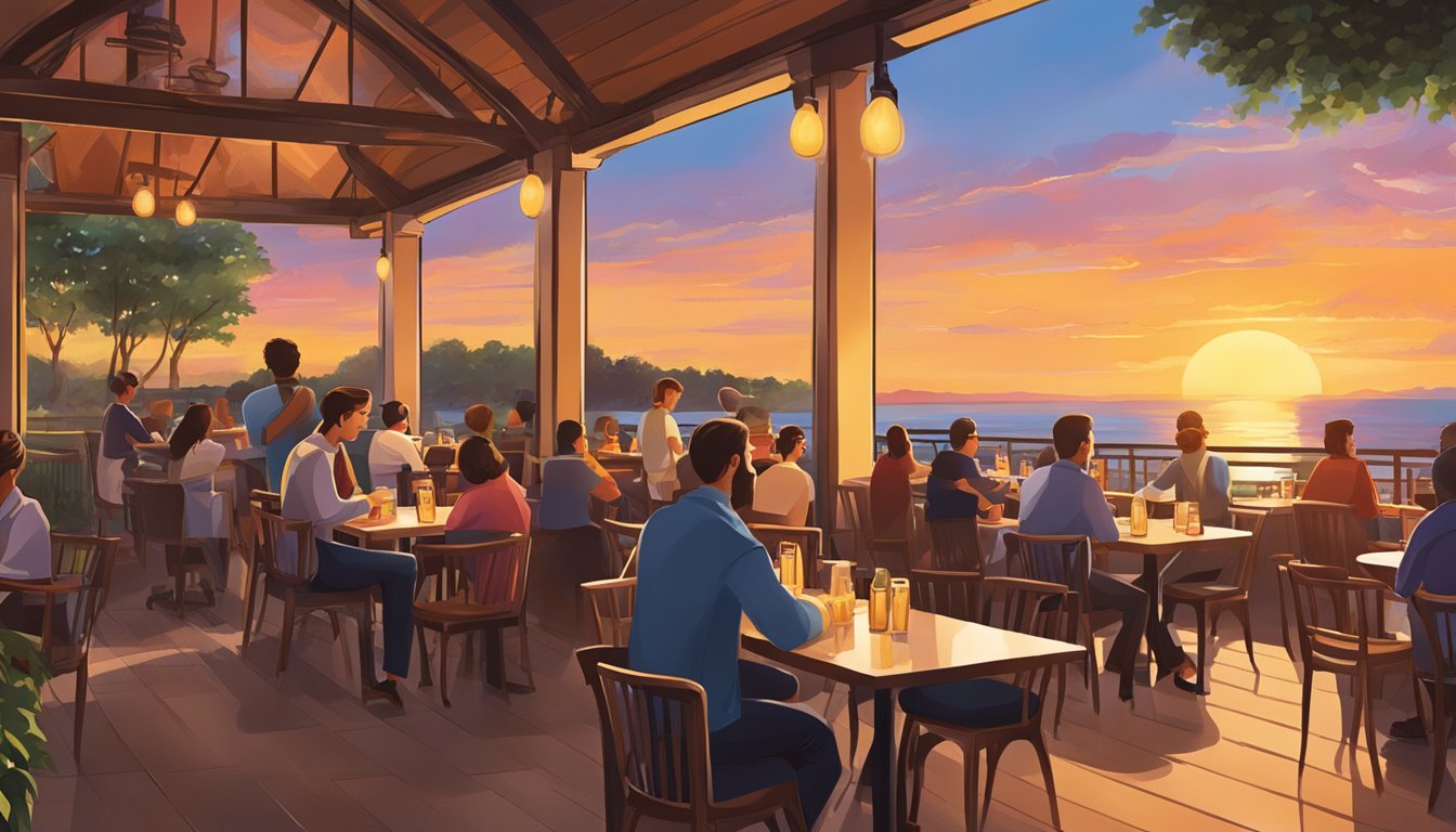 A bustling west restaurant with outdoor seating and a vibrant sunset backdrop