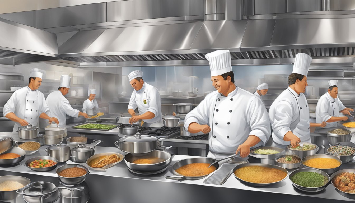 The bustling kitchen at Culinary Delights West: chefs cooking, pots clanging, and aromas filling the air
