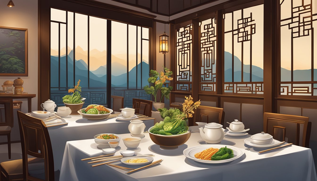 A table set with traditional Chinese dishes at Tiong Wah restaurant, with dim lighting and elegant decor